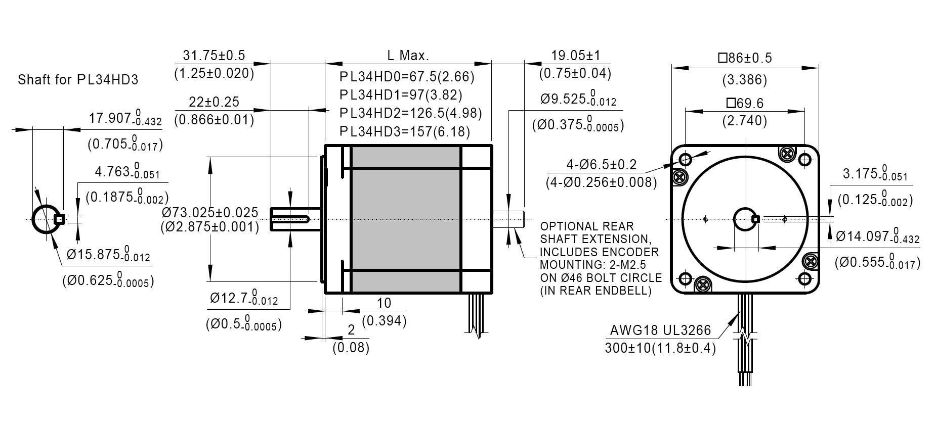 Dimensions of NEMA 34 PowerPlus hybrid stepping motor