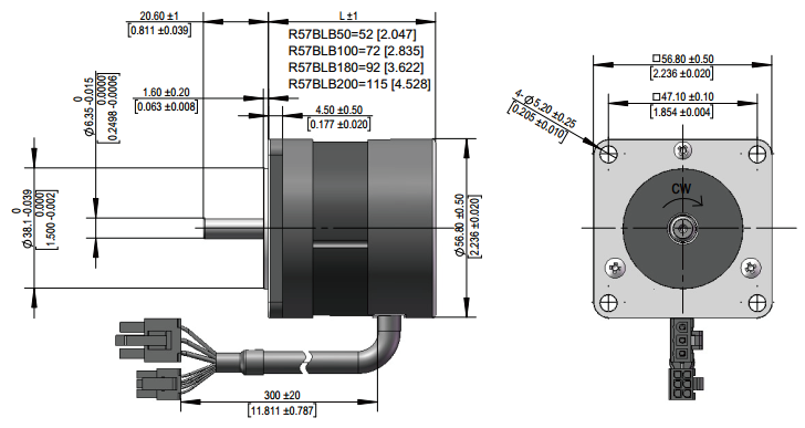 Dimension of R57 Series Brushless DC Motors