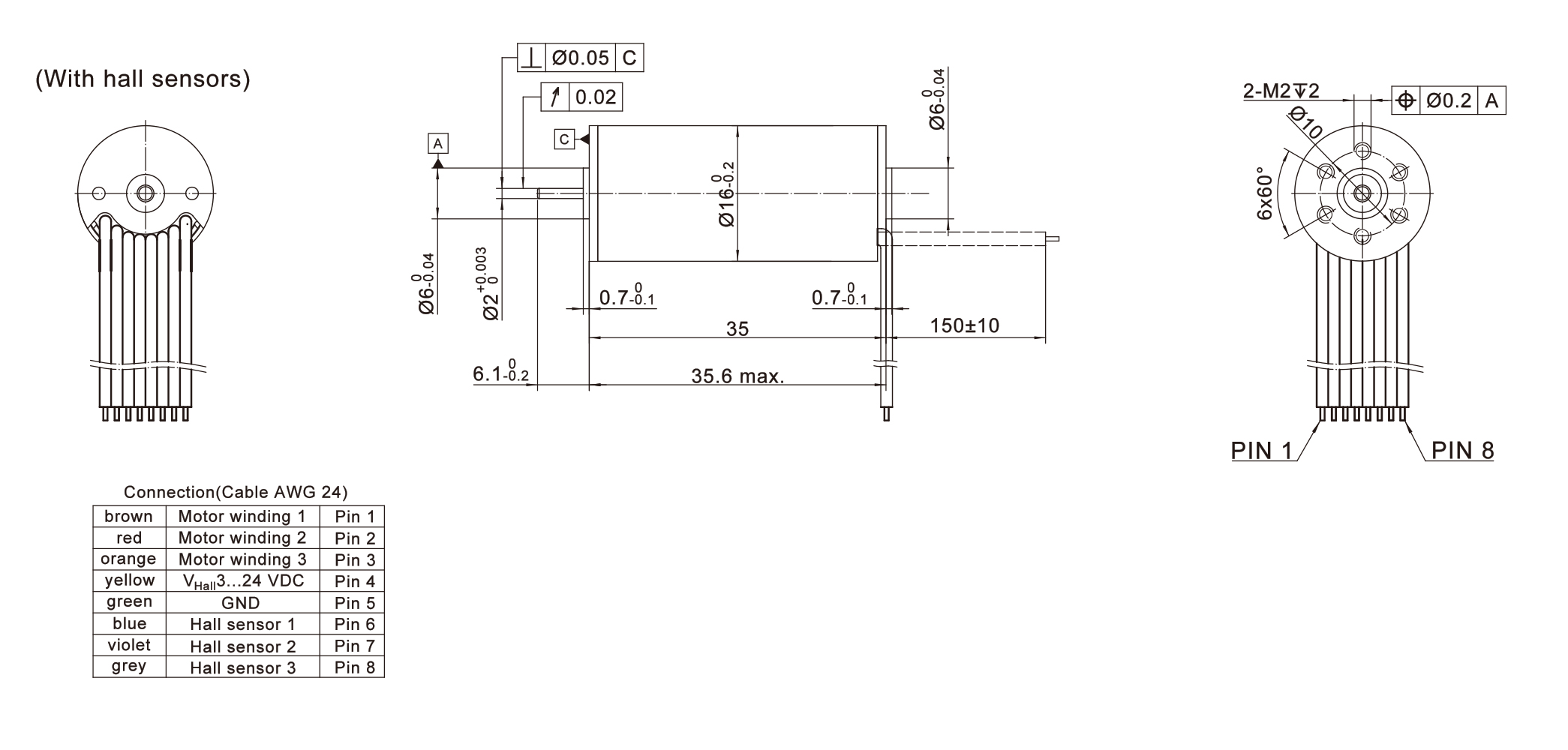 Dimension of ECU16036 Slotless BLDC Motors